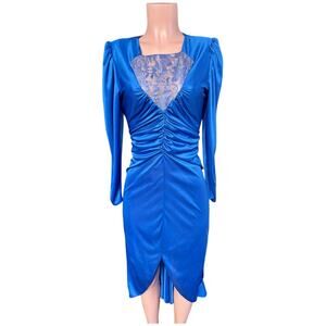 Vintage 80s Lerner Blue Silky Ruched Back Bustle Party Dress Size Medium